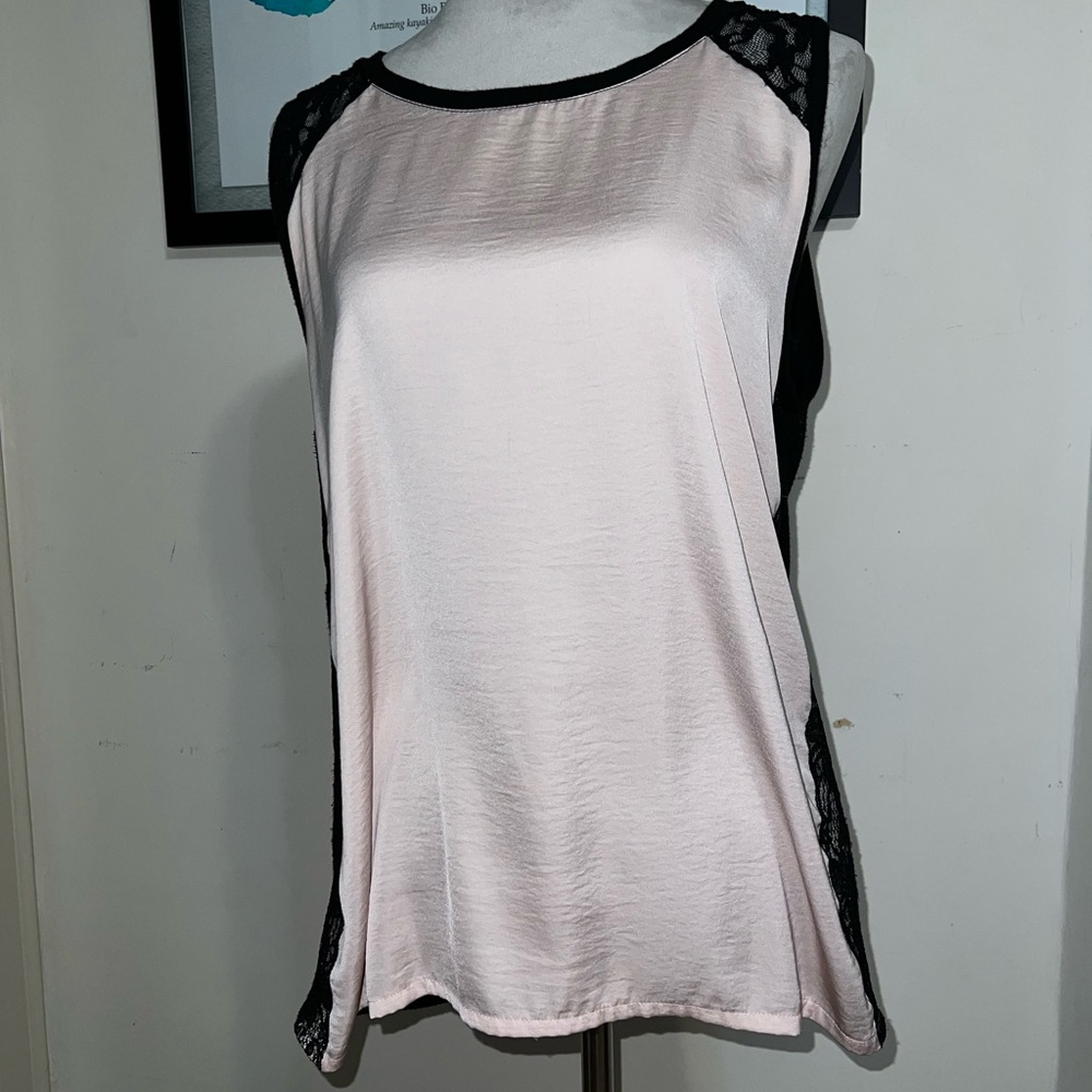 Beautiful Democracy Silky Blush Pink and Black Lace Trim Tank Top Medium